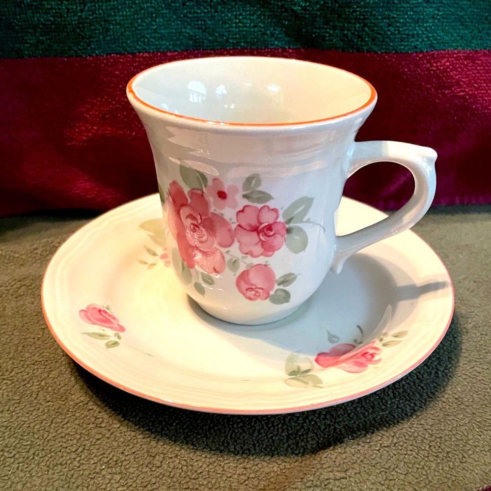 Gibson Housewares Flat Cup and Saucer In Rose land Pattern